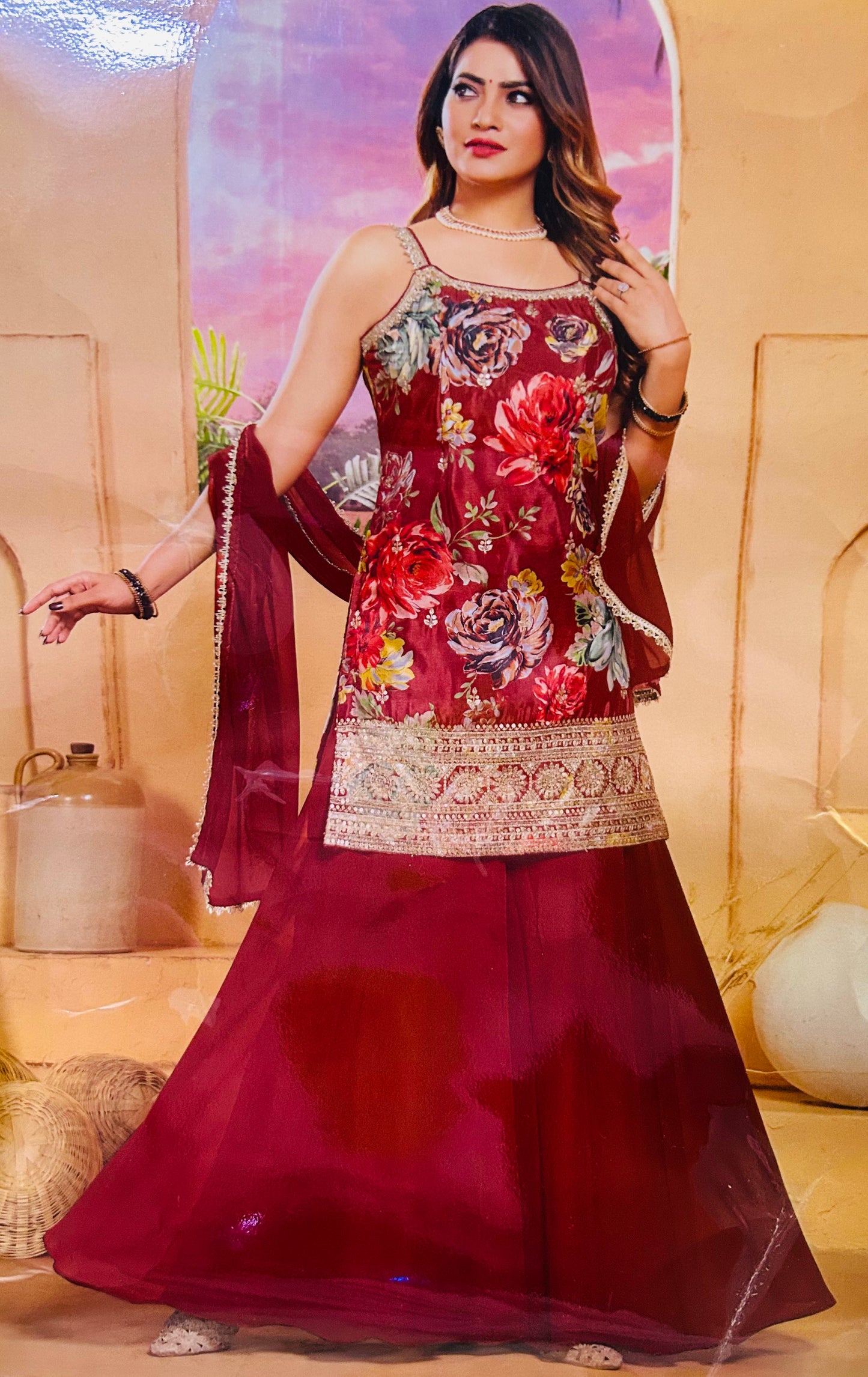 Nitya- Digital Sharara Suit Set (Rust Orange)