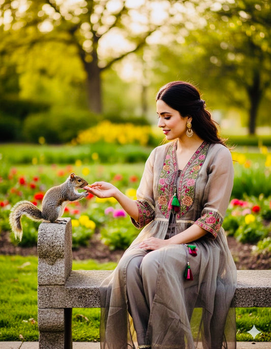 Noorani- Tissue Silk Jacket Suit Set Champagne Grey