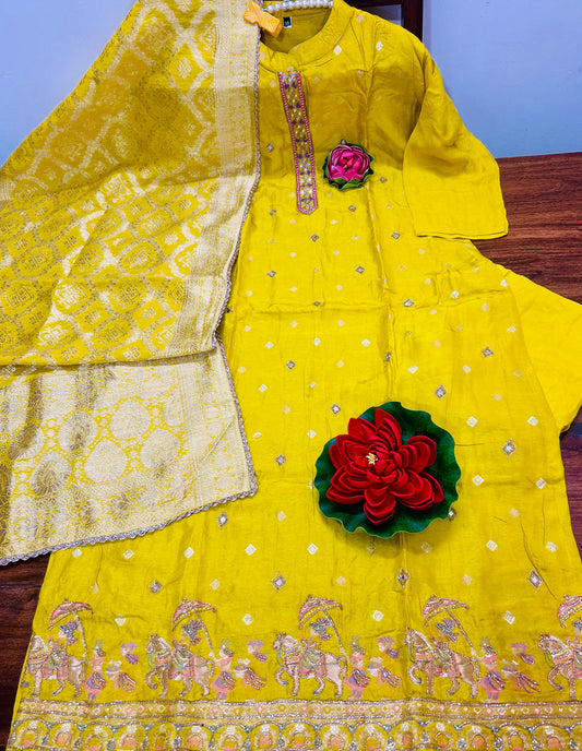 Doli Karvaan Yellow Banarasi Dupatta Suit — Perfect for Bridal, Haldi, Wedding Guest, Chooda Ceremony, Post Wedding Dinners and Pooja Ceremony.