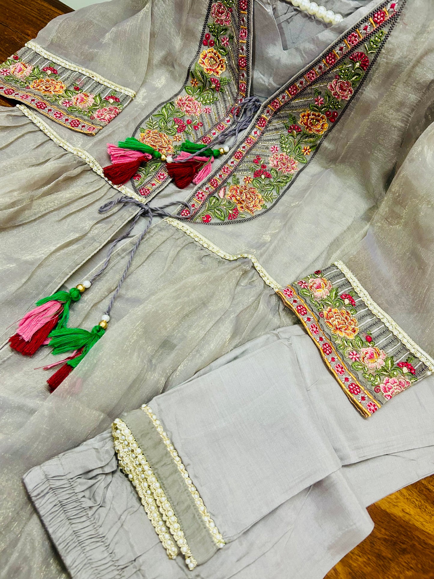 Noorani- Tissue Silk Jacket Suit Set Champagne Grey