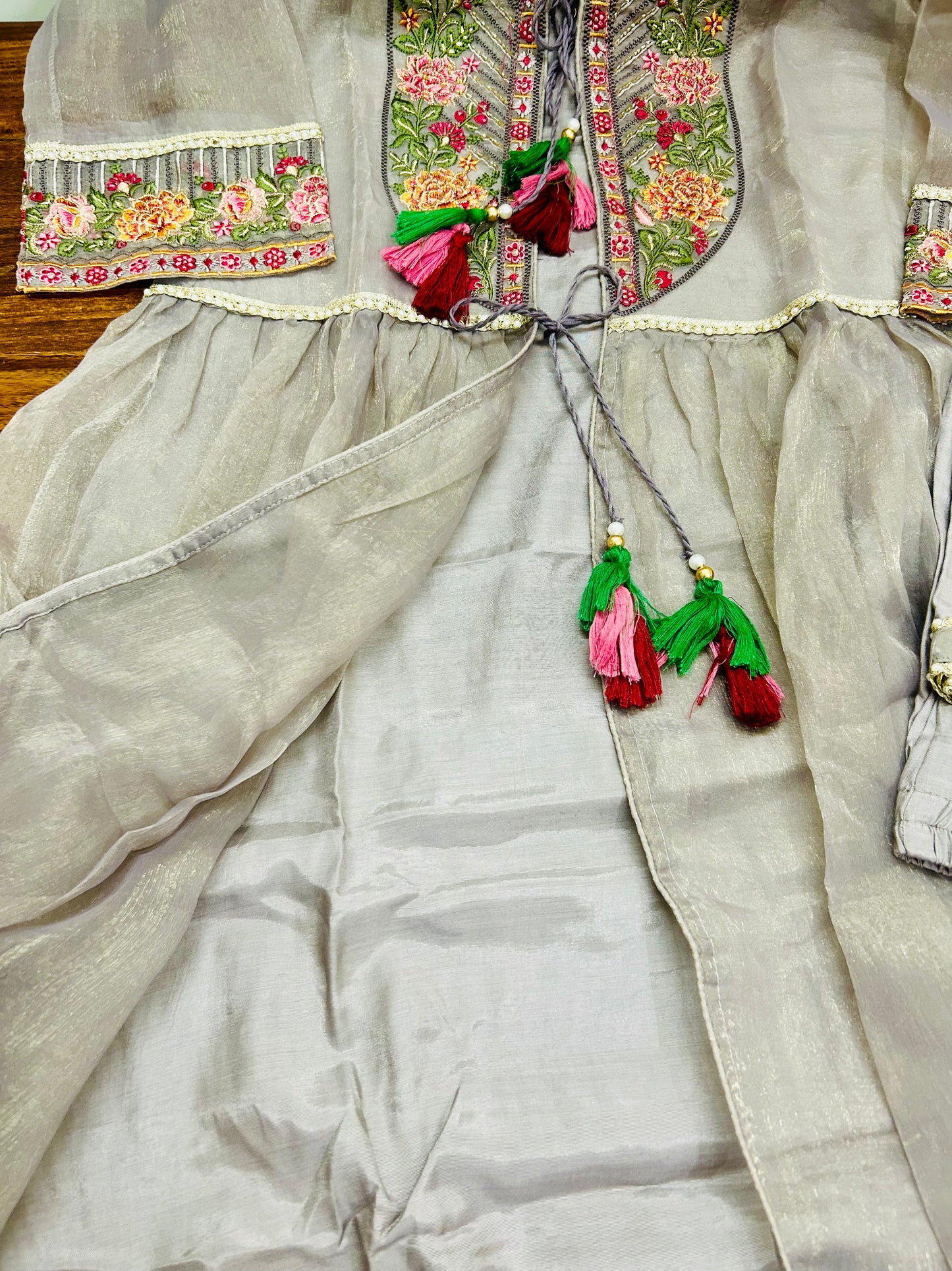 Noorani- Tissue Silk Jacket Suit Set Champagne Grey